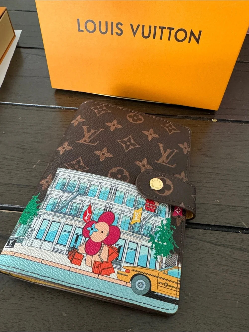 Brown Monogram Card Holder with Colorful Street Scene read b4 buying